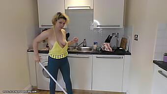 Delilah, A Sexy Brunette, Mops The Kitchen Floor And Shows Off Her Great Cleavage